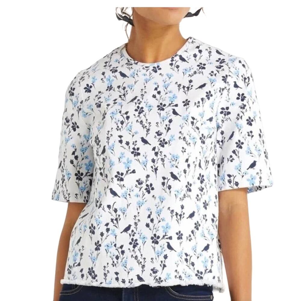 Draper James White Denim Floral Blue Birds Raw Hem Top - Size 2